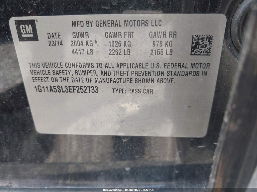 2014 CHEVROLET MALIBU VIN: 1G11A5SL3EF252733