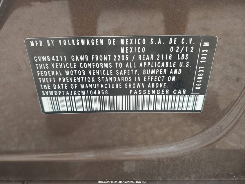 2012 VOLKSWAGEN JETTA VIN: 3VWDP7AJXCM104958