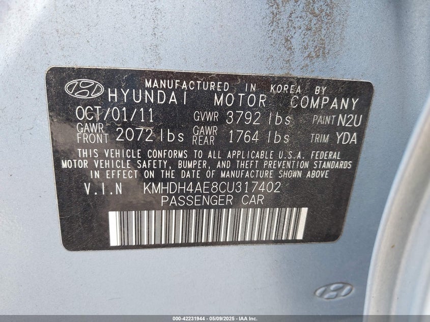 2012 HYUNDAI ELANTRA VIN: KMHDH4AE8CU317402