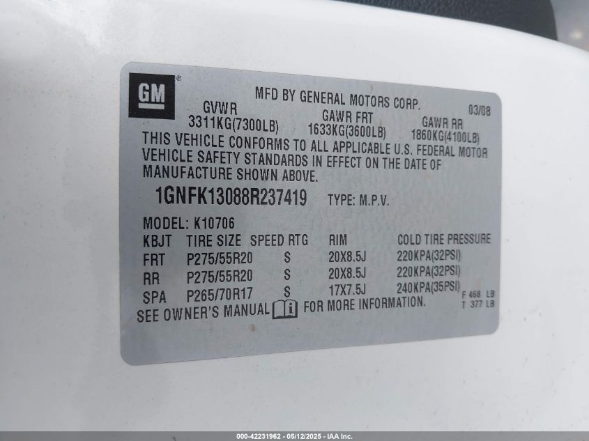 2008 Chevrolet Tahoe Ltz VIN: 1GNFK13088R237419 Lot: 42231962