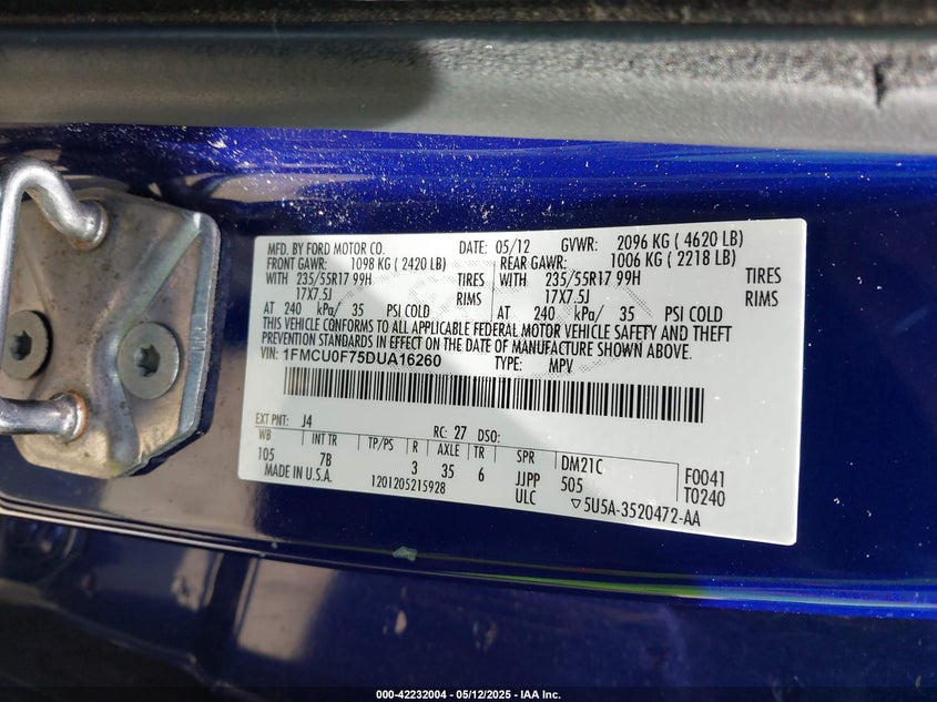 2013 FORD ESCAPE VIN: 1FMCU0F75DUA16260
