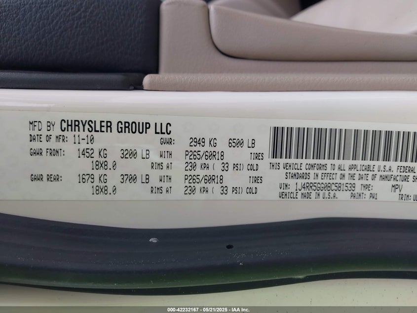 2011 JEEP GRAND CHEROKEE VIN: 1J4RR5GG0BC581539