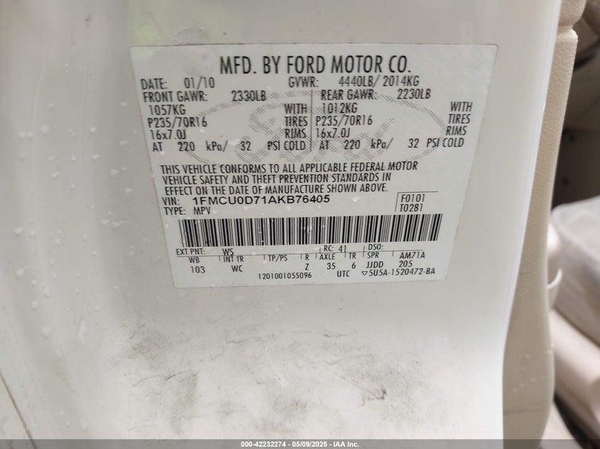 2010 FORD ESCAPE VIN: 1FMCU0D71AKB76405