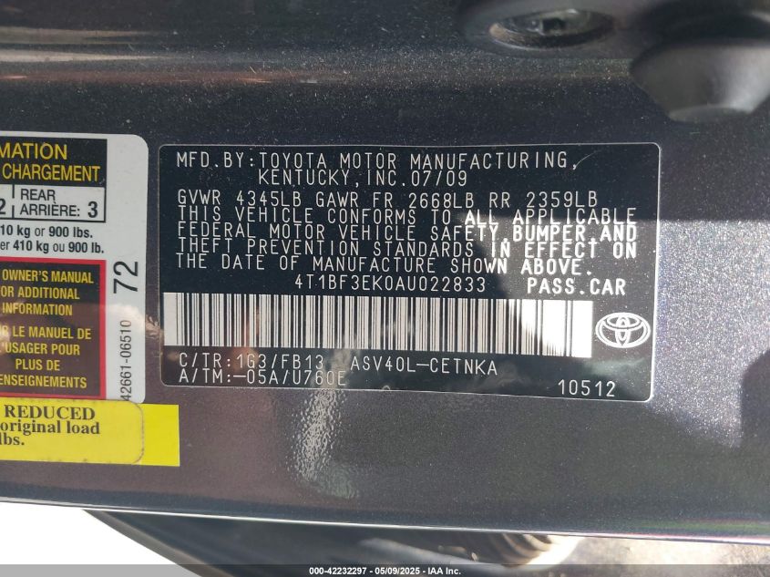 2010 Toyota Camry Le VIN: 4T1BF3EK0AU022833 Lot: 42232297