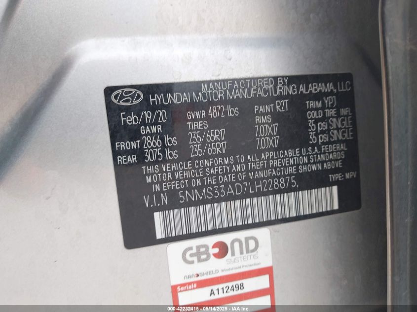 2020 Hyundai Santa Fe Sel VIN: 5NMS33AD7LH228875 Lot: 42232415