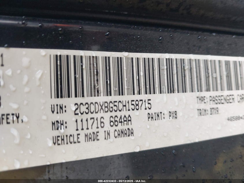 2012 Dodge Charger Slt VIN: 2C3CDXDG5CH158715 Lot: 42232433