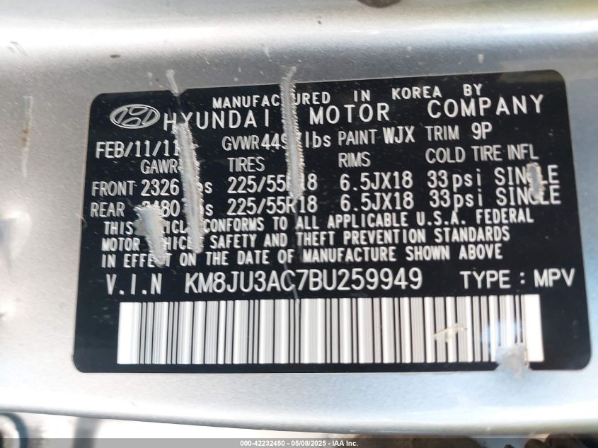 2011 Hyundai Tucson Limited VIN: KM8JU3AC7BU259949 Lot: 42232450