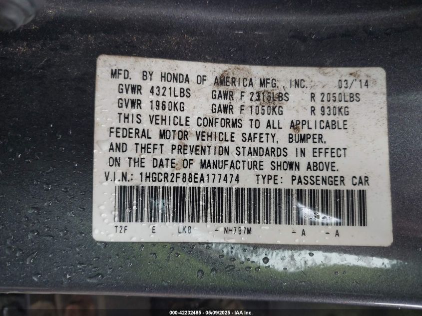 2014 Honda Accord Ex-L VIN: 1HGCR2F88EA177474 Lot: 42232485