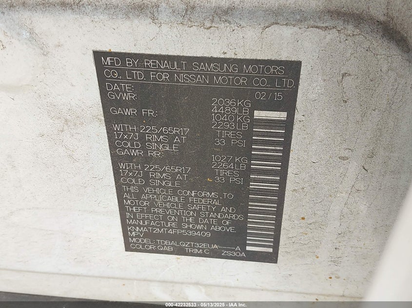 2015 NISSAN ROGUE S/SL/SV - KNMAT2MT4FP539409