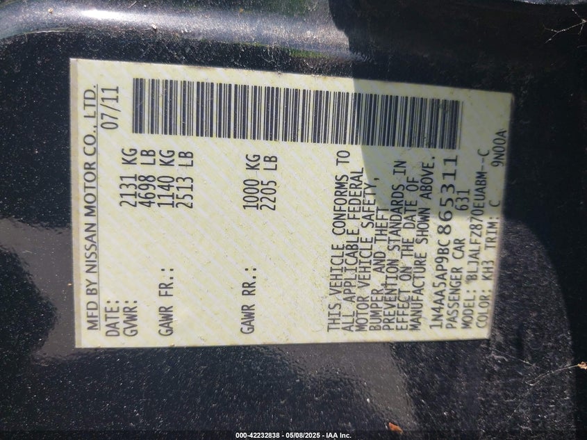 2011 NISSAN MAXIMA VIN: 1N4AA5AP9BC865311