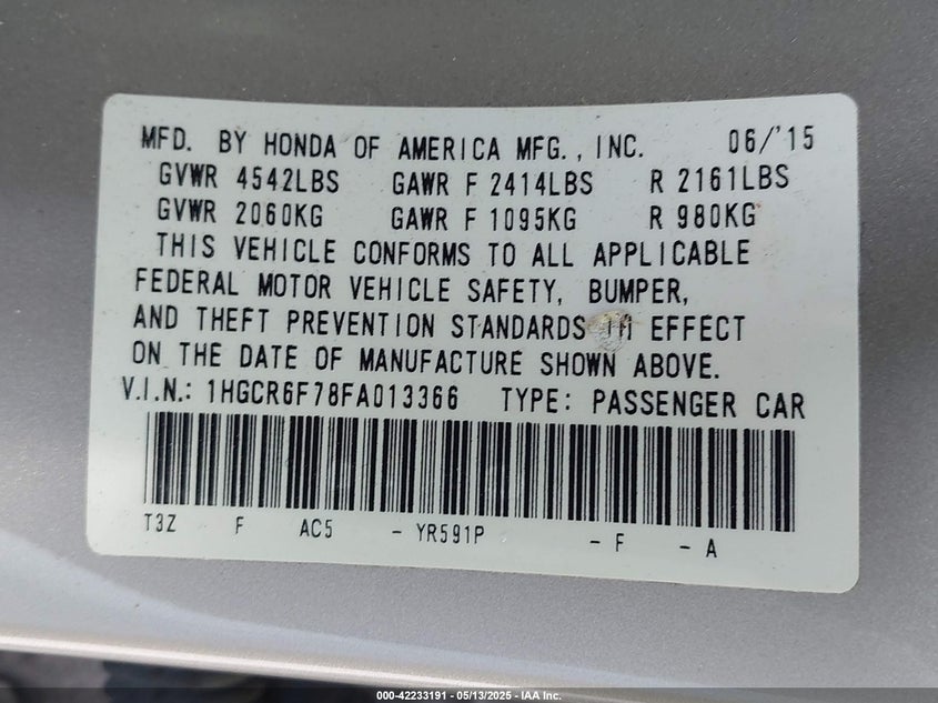 2015 HONDA ACCORD HYBRID VIN: 1HGCR6F78FA013366