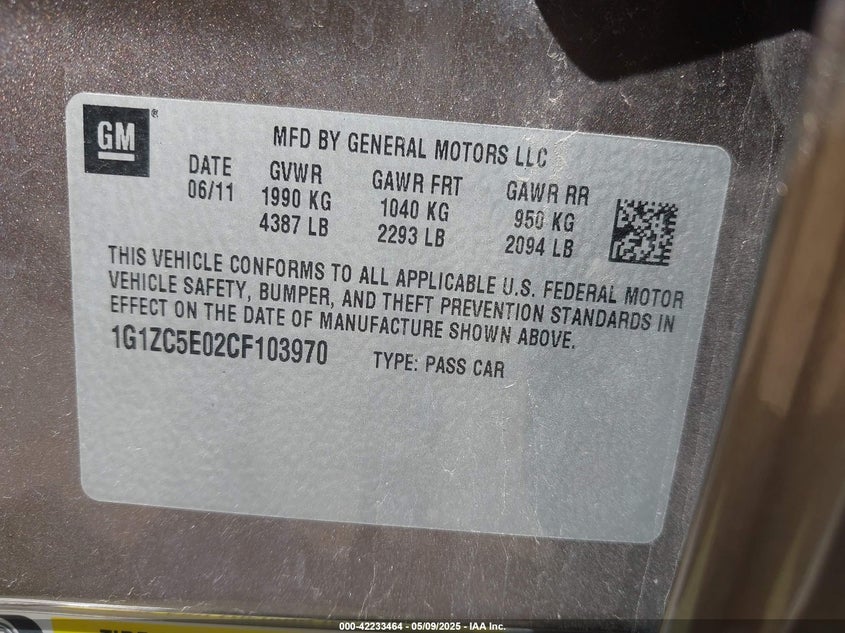2012 CHEVROLET MALIBU VIN: 1G1ZC5E02CF103970