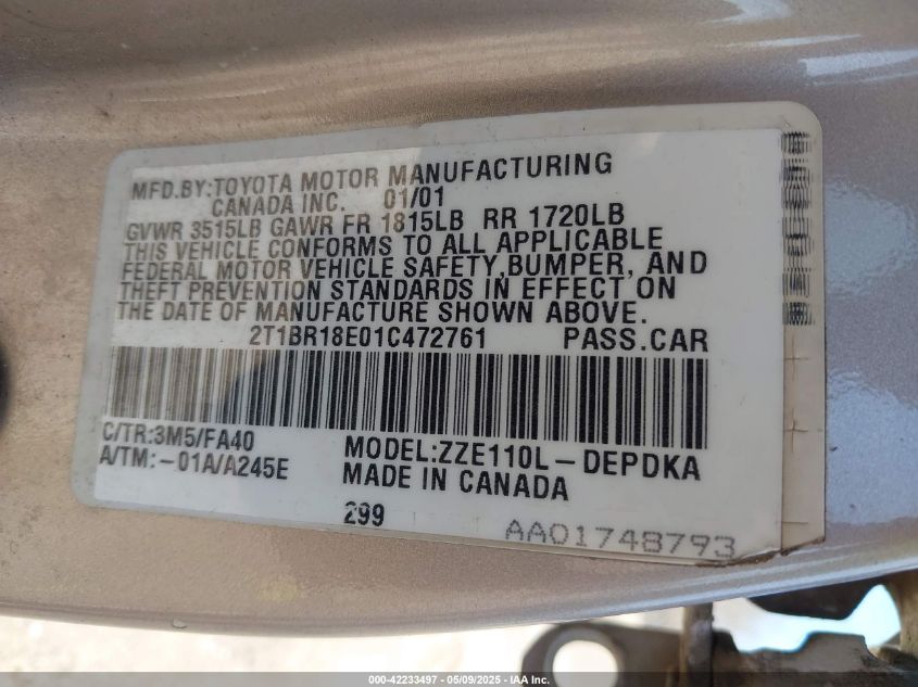 2001 Toyota Corolla Le VIN: 2T1BR18E01C472761 Lot: 42233497