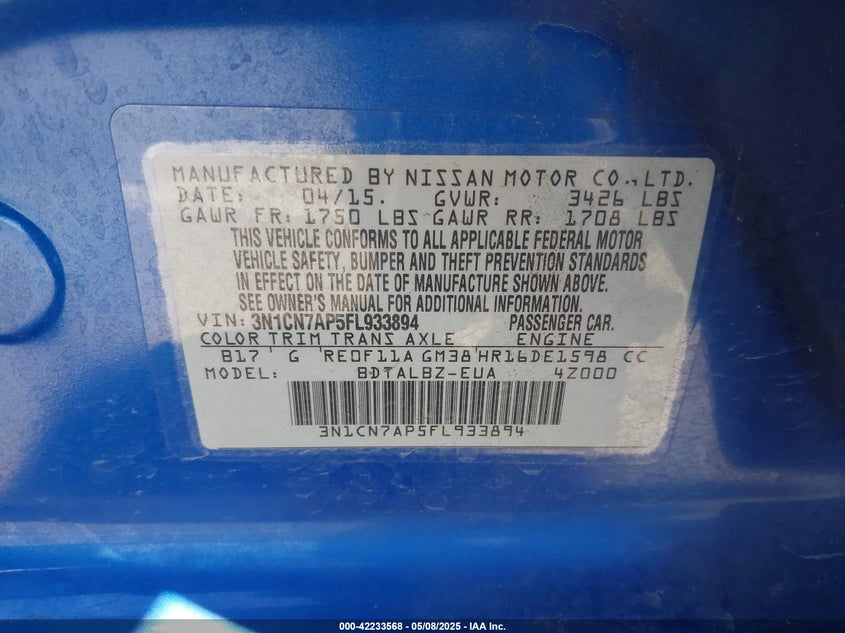 2015 NISSAN VERSA 1.6 SV - 3N1CN7AP5FL933894