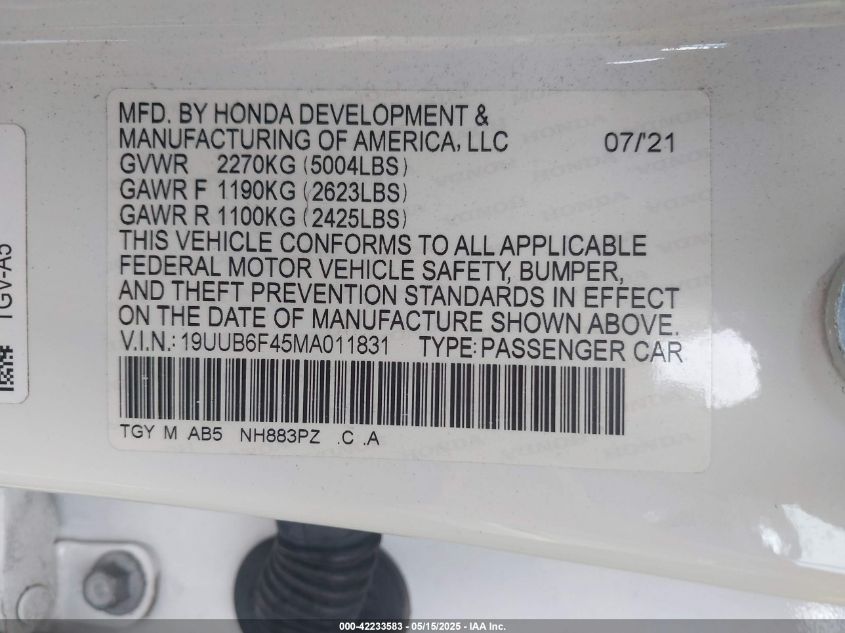 2021 Acura Tlx Technology Package VIN: 19UUB6F45MA01183 Lot: 42233583