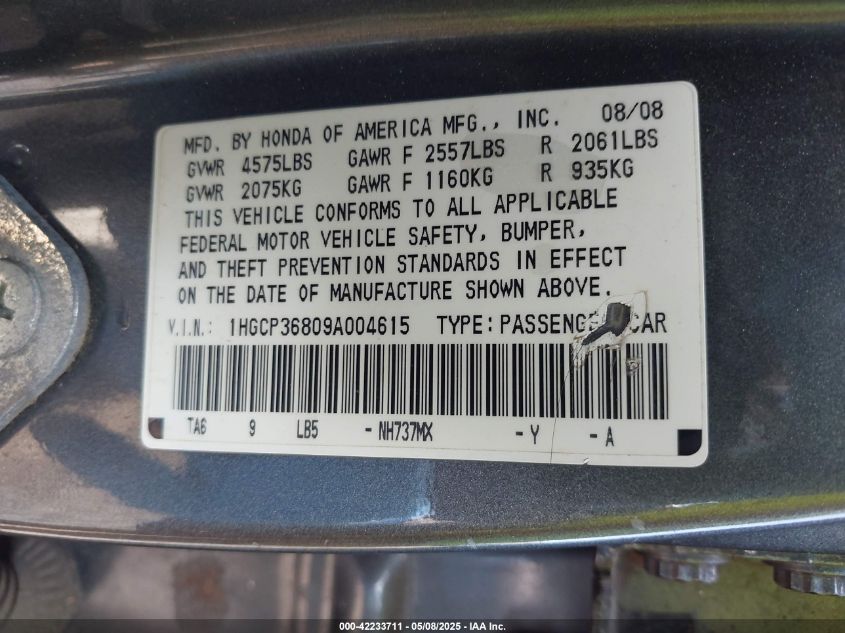 2009 Honda Accord 3.5 Ex-L VIN: 1HGCP36809A004615 Lot: 42233711