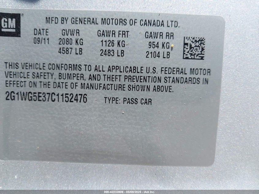 2012 CHEVROLET IMPALA VIN: 2G1WG5E37C1152476