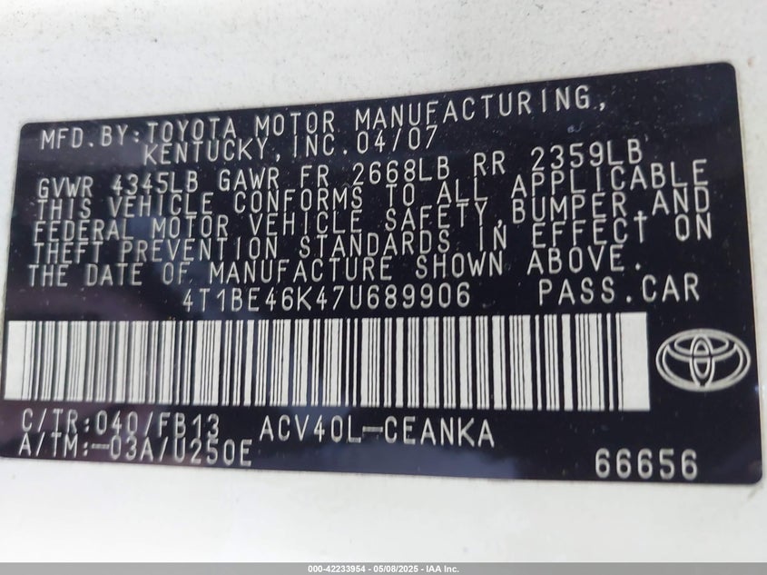 2007 TOYOTA CAMRY VIN: 4T1BE46K47U689906