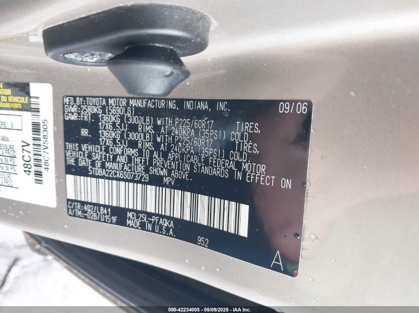 2006 Toyota Sienna VIN: 5TDBA22CX68073729 Lot: 42234005
