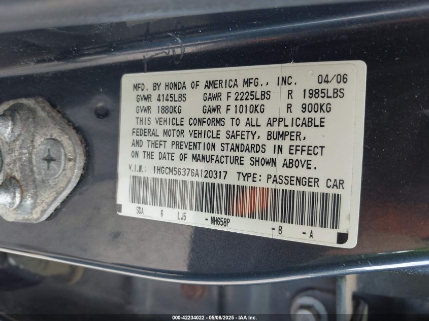 2006 Honda Accord 2.4 Se VIN: 1HGCM56376A120317 Lot: 42234022