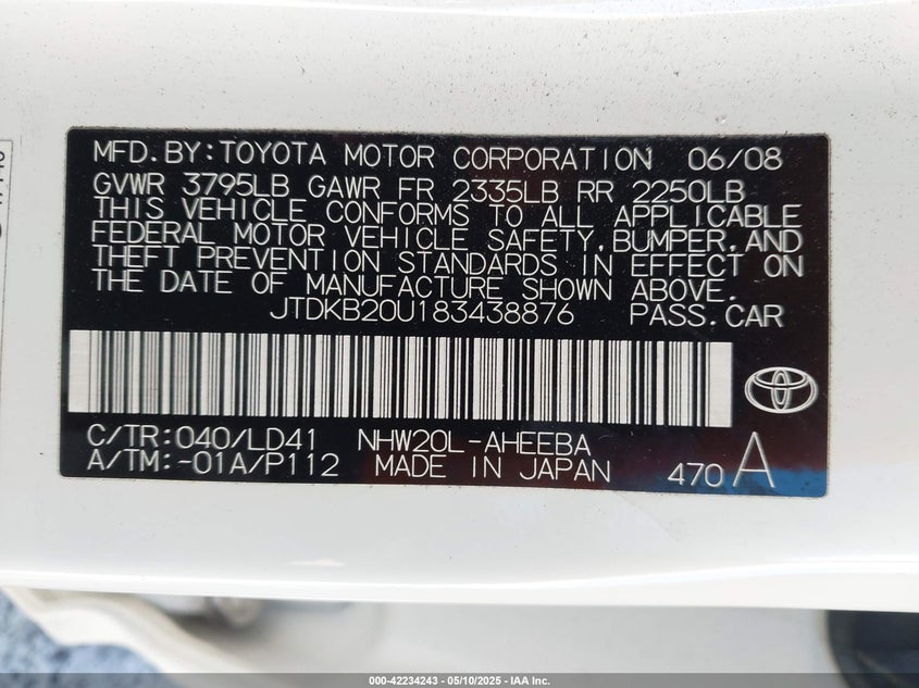2008 TOYOTA PRIUS VIN: JTDKB20U183438876