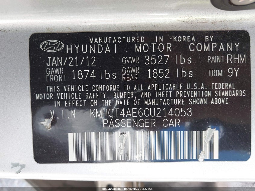 2012 Hyundai Accent Gls VIN: KMHCT4AE6CU214053 Lot: 42234283