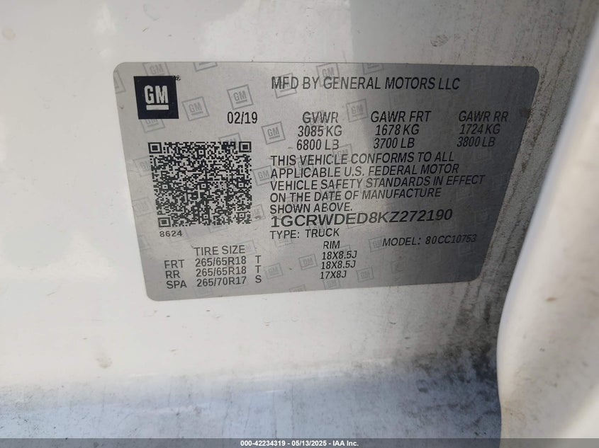 2019 CHEVROLET SILVERADO VIN: 1GCRWDED8KZ272190