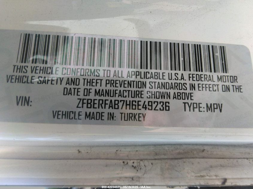 2017 Ram Promaster City Tradesman VIN: ZFBERFAB7H6E49236 Lot: 42234321