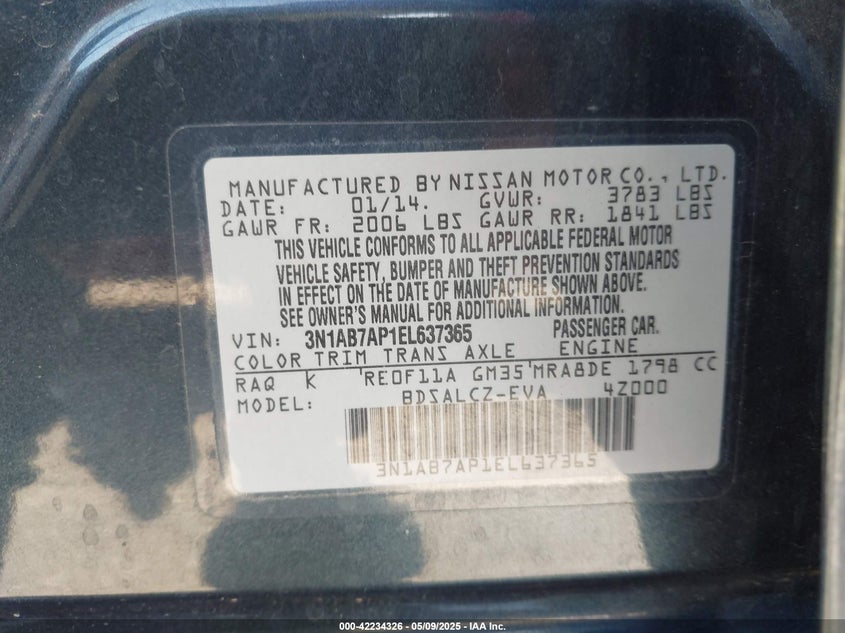 2014 NISSAN SENTRA VIN: 3N1AB7AP1EL637365
