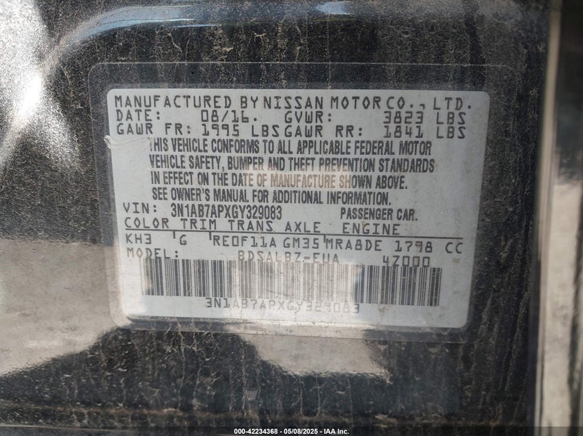 2016 NISSAN SENTRA VIN: 3N1AB7APXGY329083