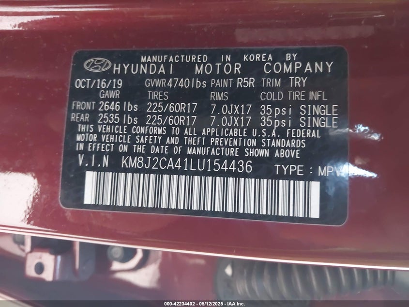 2020 HYUNDAI TUCSON VIN: KM8J2CA41LU154436