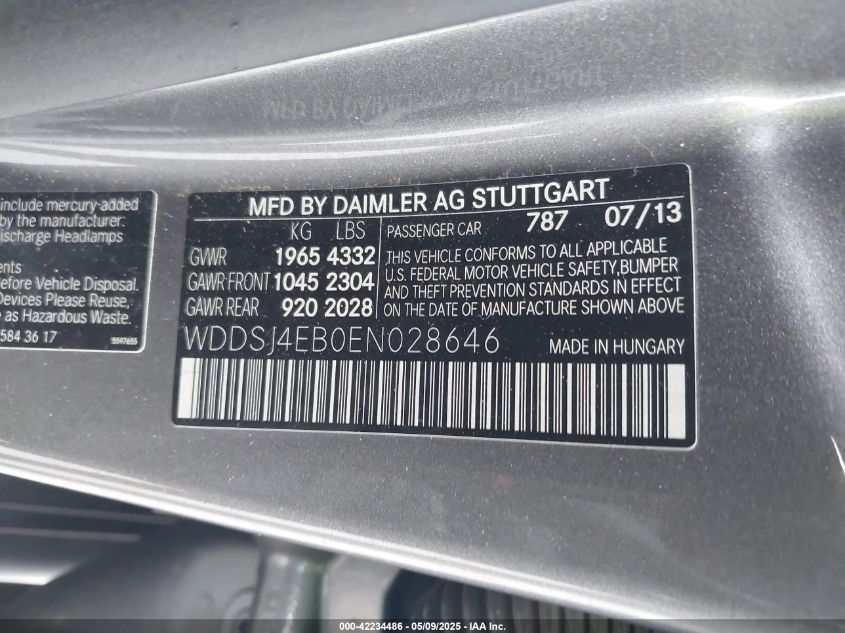 2014 Mercedes-Benz Cla 250 VIN: WDDSJ4EB0EN028646 Lot: 42234486