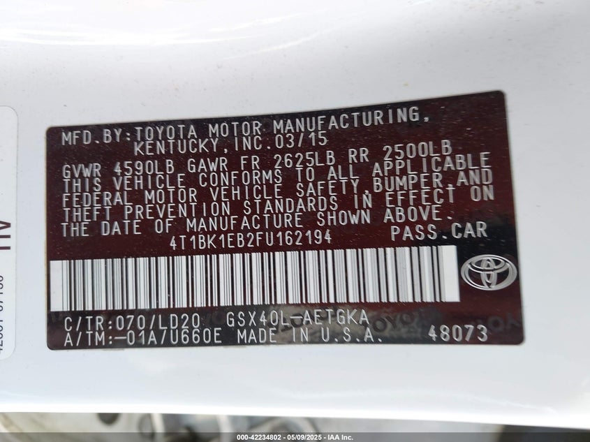 2015 TOYOTA AVALON VIN: 4T1BK1EB2FU162194