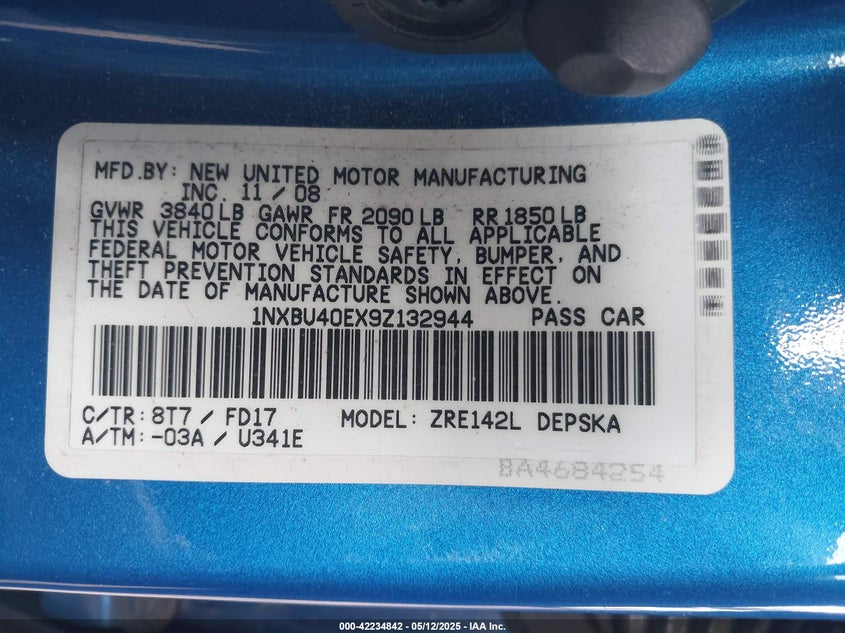 2009 TOYOTA COROLLA VIN: 1NXBU40EX9Z132944