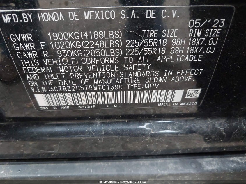 VIN 3CZRZ2H57RM701390 2024 HONDA HR-V AWD SPORT/AWD SPORT W/O BSI