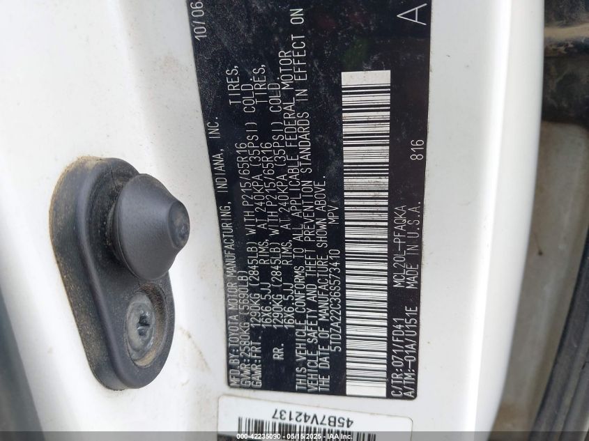 2006 Toyota Sienna VIN: 57DZA22C36S573410 Lot: 42235090