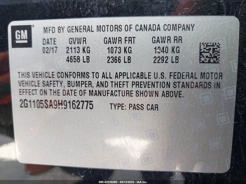 2017 CHEVROLET IMPALA VIN: 2G1105SA9H9162775