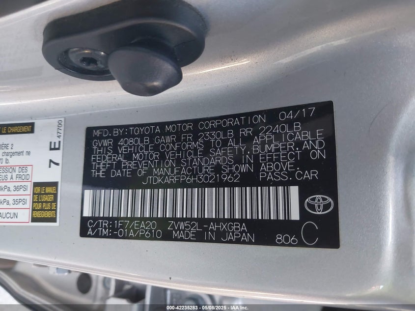 2017 TOYOTA PRIUS PRIME VIN: JTDKARFP6H3021962