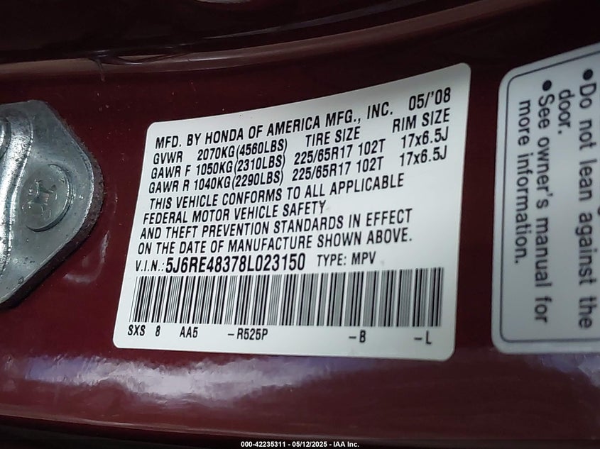 2008 HONDA CR-V VIN: 5J6RE48378L023150