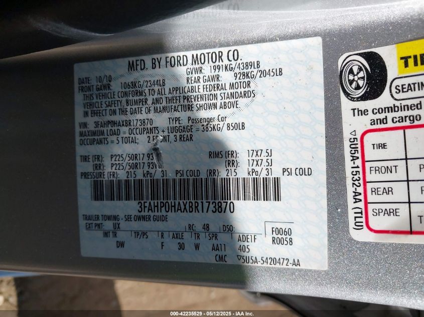 2011 Ford Fusion Se VIN: 3FAHP0HAXBR173870 Lot: 42235529