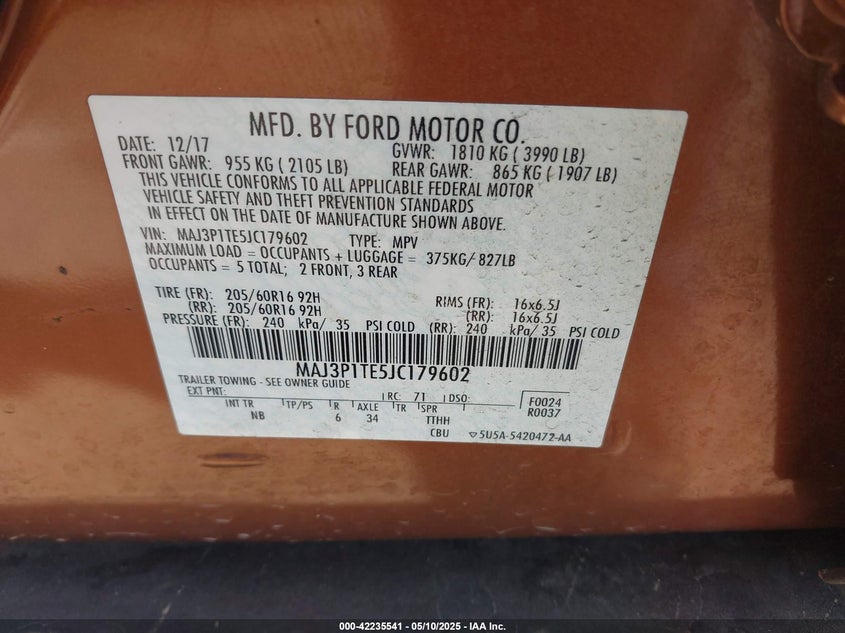 VIN MAJ3P1TE5JC179602 2018 FORD ECOSPORT SE