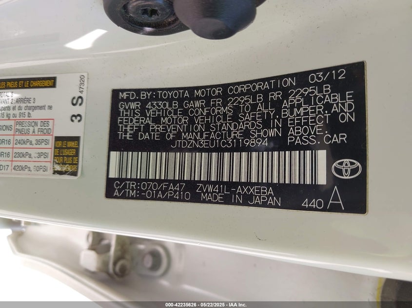 2012 TOYOTA PRIUS V VIN: JTDZN3EU1C3119894