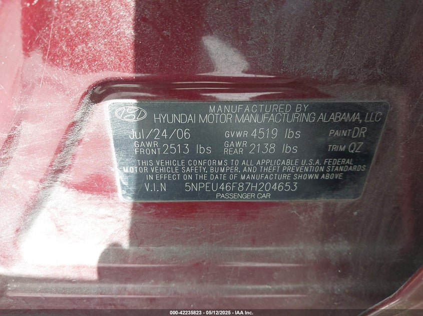 2007 HYUNDAI SONATA VIN: 5NPEU46F87H204653
