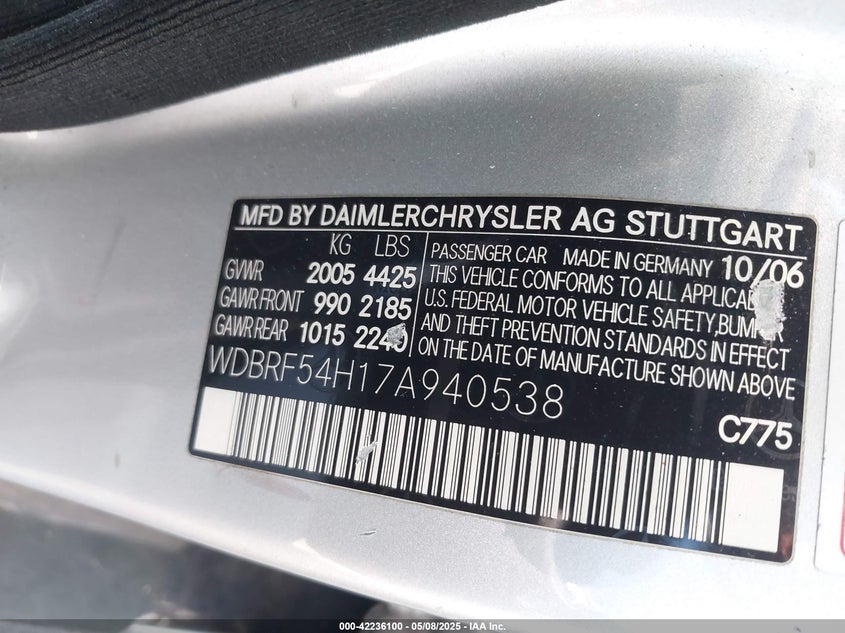 2007 MERCEDES-BENZ C 280 VIN: WDBRF54H17A940538