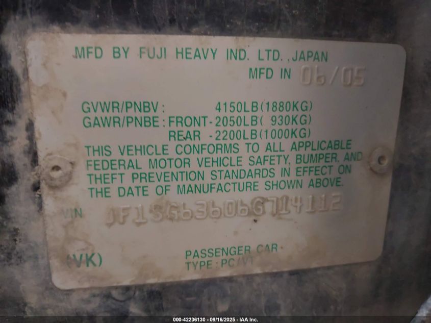 2006 Subaru Forester 2.5X VIN: JF1SG63606G714112 Lot: 42236130