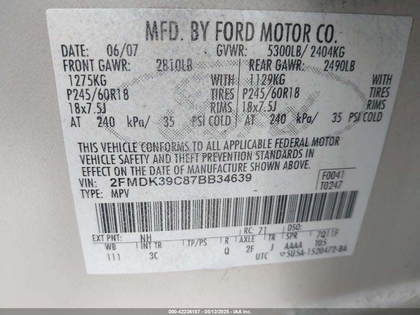 2007 FORD EDGE VIN: 2FMDK39C87BB34639