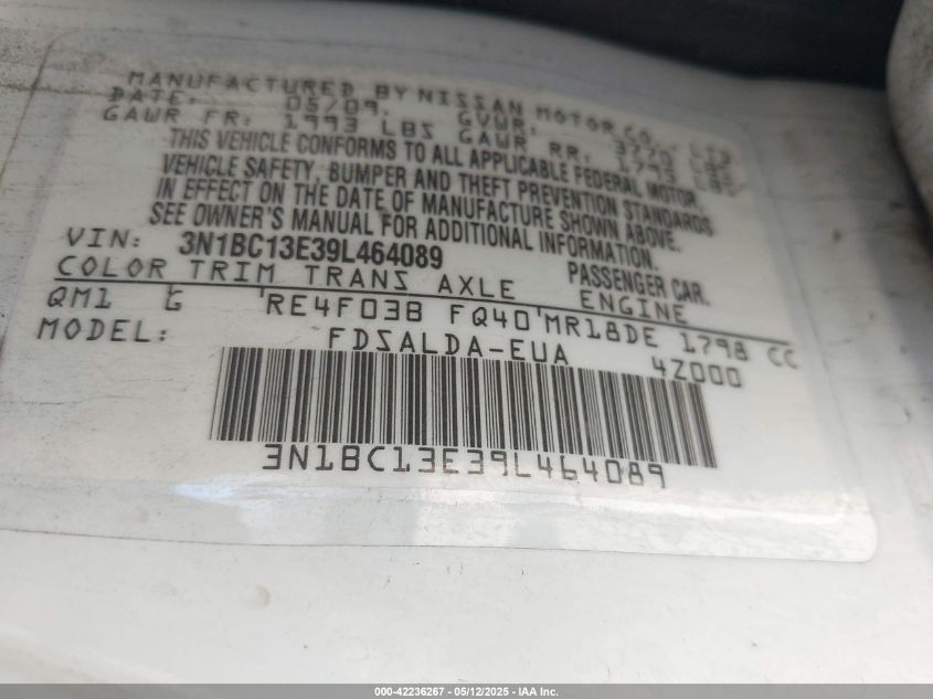 2009 Nissan Versa 1.8S VIN: 3N1BC13E39L464089 Lot: 42236267