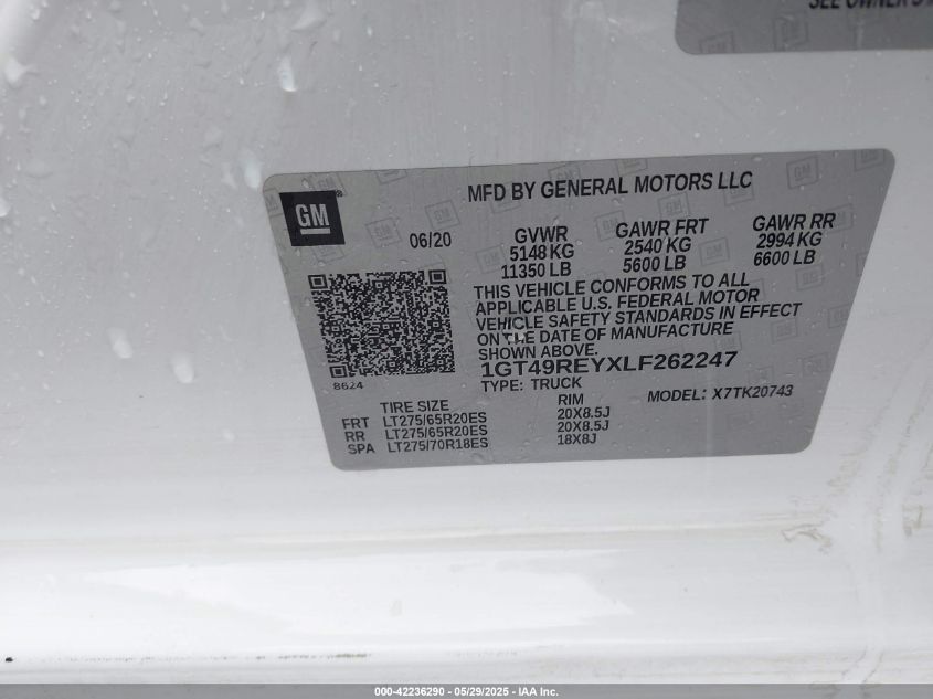 2020 GMC Sierra 2500Hd 4Wd Standard Bed Denali VIN: 1GT49REYXLF262247 Lot: 42236290