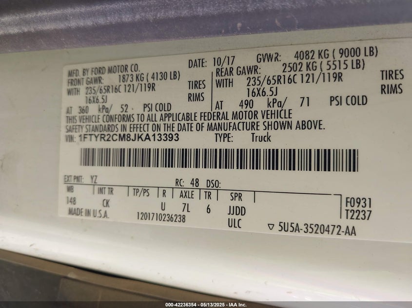 VIN 1FTYR2CM8JKA13393 2018 FORD TRANSIT-250