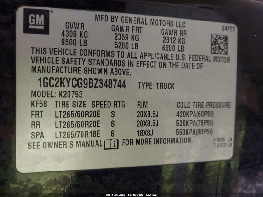 2011 Chevrolet Silverado 2500Hd Ltz VIN: 1GC2KYCG9BZ348744 Lot: 42236380